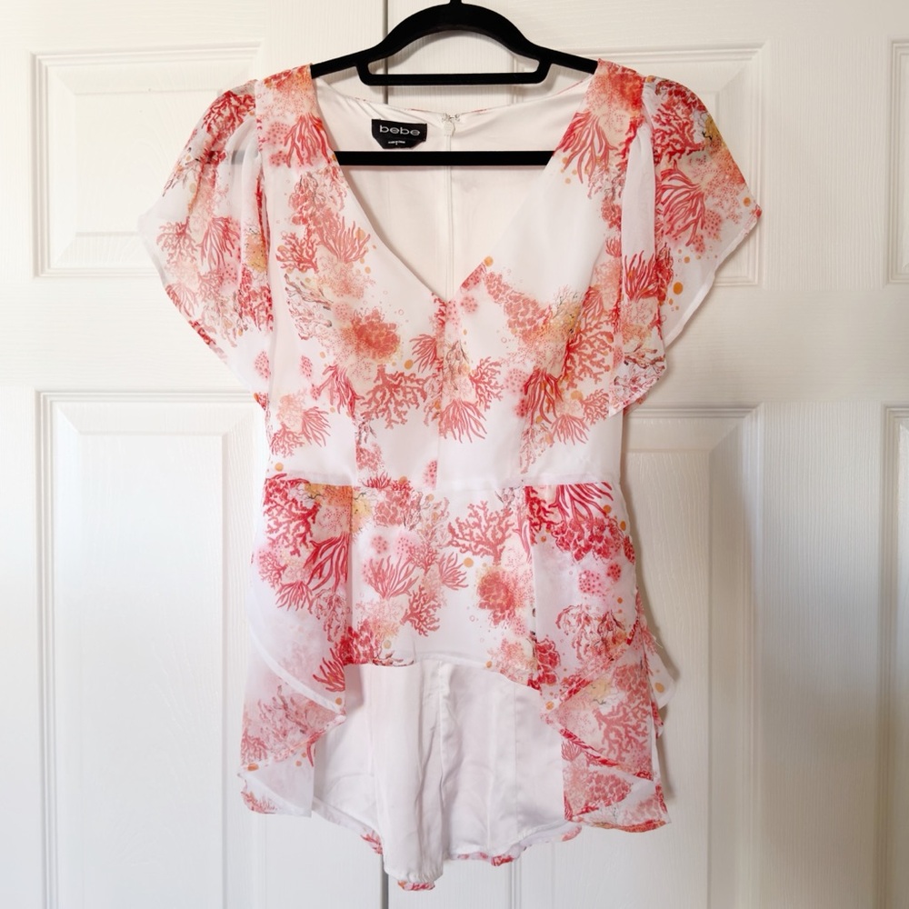 NWOT Bebe Coral and White Floral Blouse